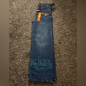 SOLD. Von Dutch Blue Denim Jeans with Winged Eye Patch